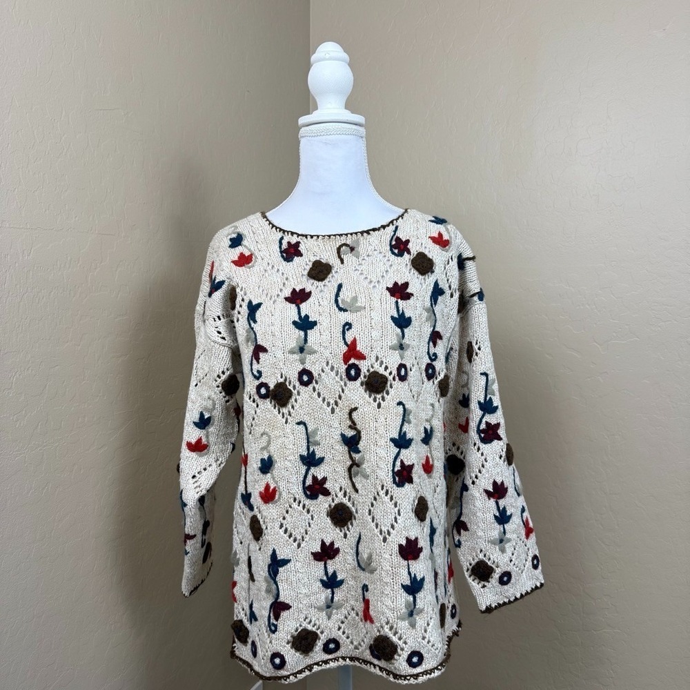 Vintage 90s Copper Key Sweater S Floral Embroidered Ramie Cotton Cottagecore